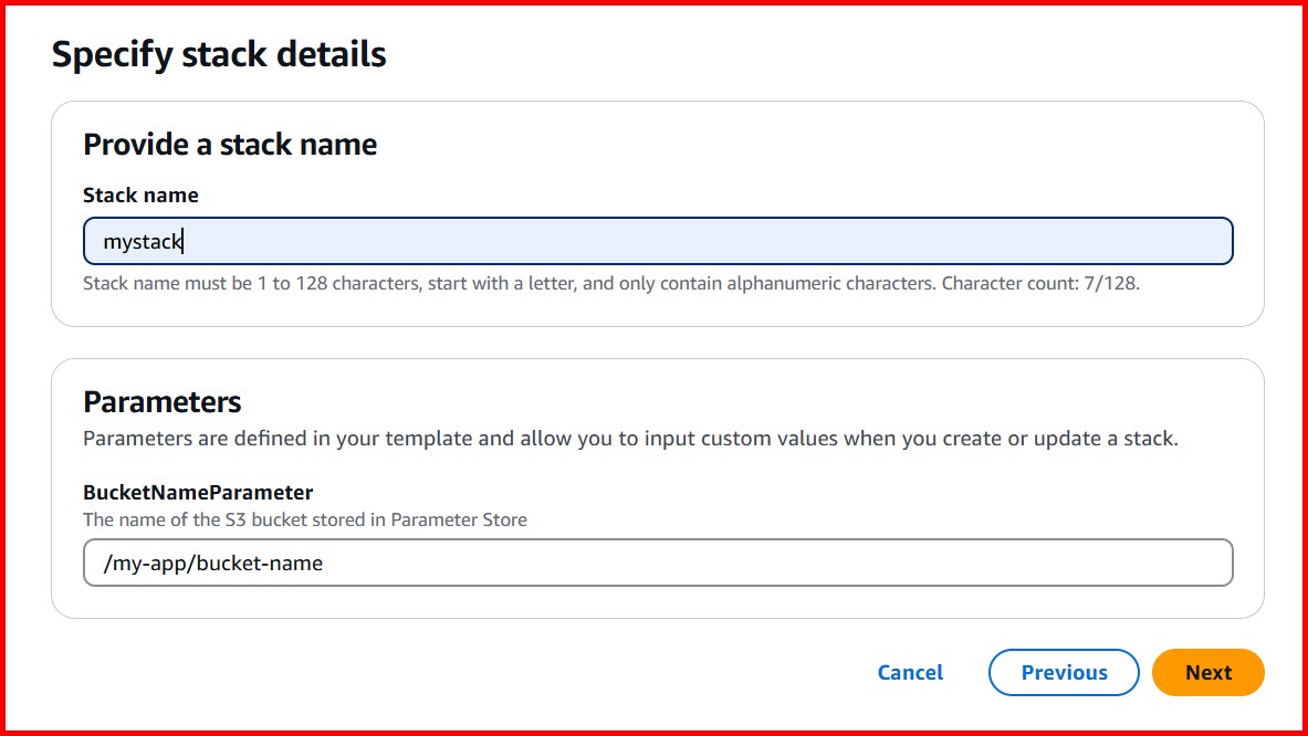 Picture showing specifying the parameter while creating the stack